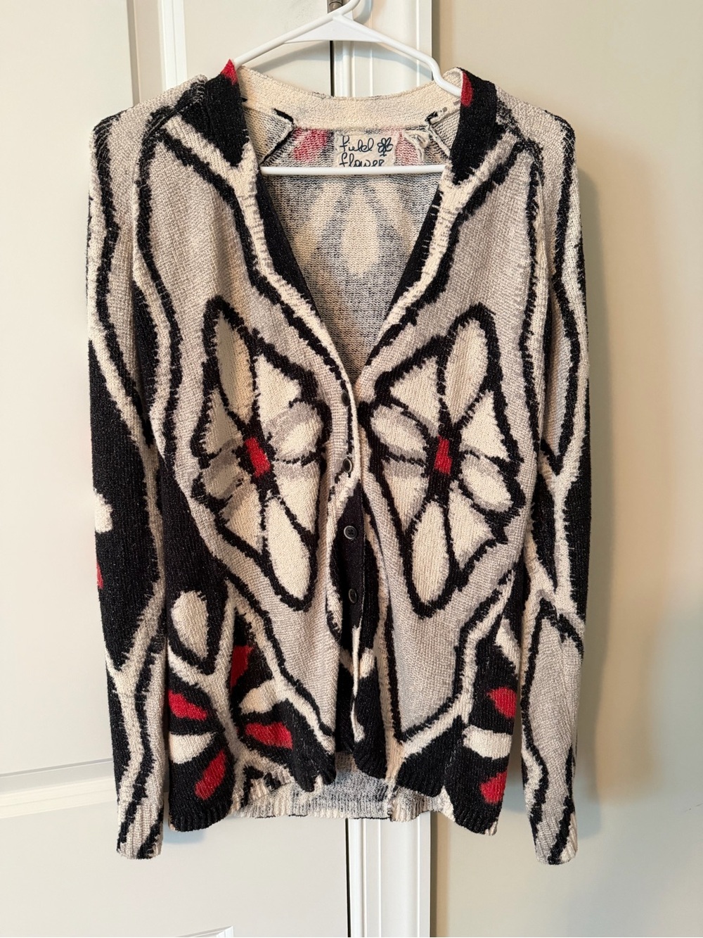 Anthropologie Field Flower Black & Cream Floral Button-Front Cardigan Sweater